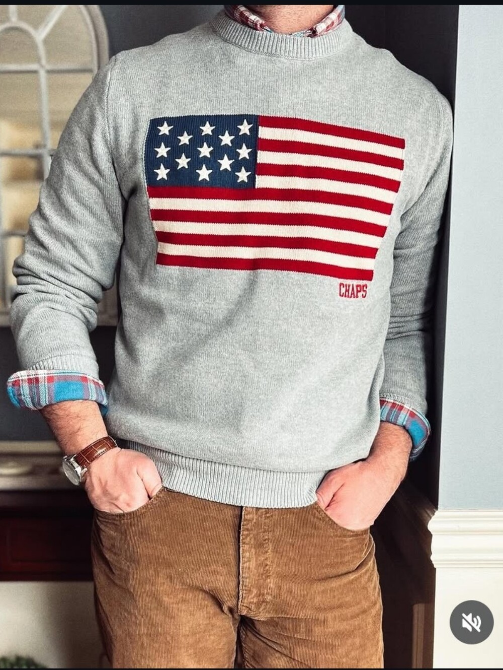 Chaps Gray Crewneck Sweater with Red, White & Navy Flag